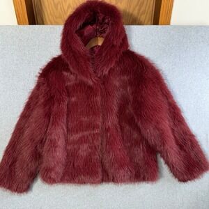Wild Fable Faux Fur Hooded Jacket Glam Burgundy Red L Shaggy Coat
